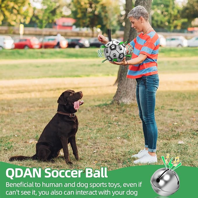 QDAN Dog Soccer Balls Toy with Bell Inside, Outdoor Interactive Dog Toys, Durable Ropes Squeaky Ball for Medium Large Dogs (8 Inch)