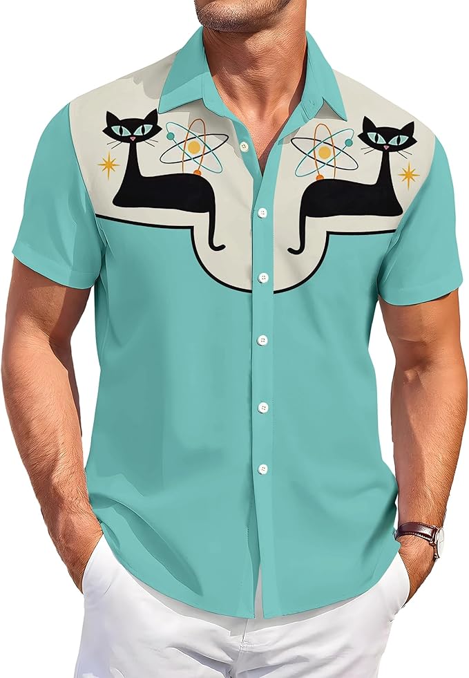 Men’s Hawaiian Shirt Western Cowboy Symmetrical Print Short Sleeve Button Down Casual Beach Holiday Summer Shirt
