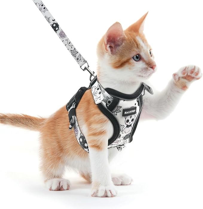 Halypet Cat Harness and Leash Set for Walking, Escape Proof Adjustable Vest Harness with 3-in-1 Integrated Buckles, Easy Control Soft Breathable Mesh with Reflective Strips for Cats, XS,Moonlight Meow