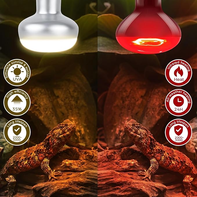 100W Reptile Heat Lamp Bulb, Day & Night Basking Spot Light Combo Pack Includes Infrared Heat Lamp and UVA Daylight Heating Lamp Basking Light for Lizards, Turtles, Chicken，Bearded Dragons