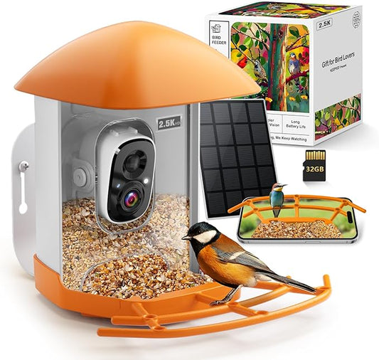 Smart Bird Feeder with Camera for Outdoors Solar Powered, 2.5K HD Video, AI Bird Species Identification, Instant Arrival Alerts, Wireless 2.4Ghz WiFi & Include 32GB SD Card, Ideal Gift (Brown)