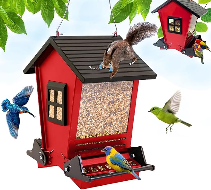 LSCQYYCCSquirrel Proof Bird Feeders for Outdoors Hanging, 5LB Capacity Metal Wild Birdfeeders Outside Hanging,Large Feeder That Attracts Cardinals, Chickadees, and More Birds-One in red ﻿