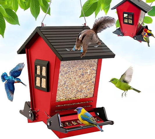 LSCQYYCCSquirrel Proof Bird Feeders for Outdoors Hanging, 5LB Capacity Metal Wild Birdfeeders Outside Hanging,Large Feeder That Attracts Cardinals, Chickadees, and More Birds-One in red ﻿