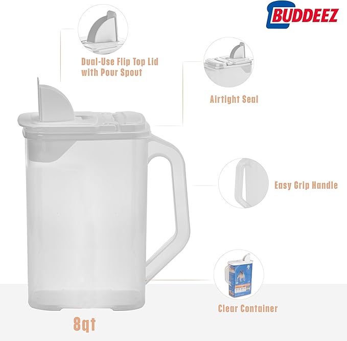 Buddeez Pet Food Storage Container - 8 Quart Capacity Dog / Cat Food & Bird Seed Container with Durable EZ Grip Handle, Flip Gray Lid (includes 1 Cup Clear Scoop)