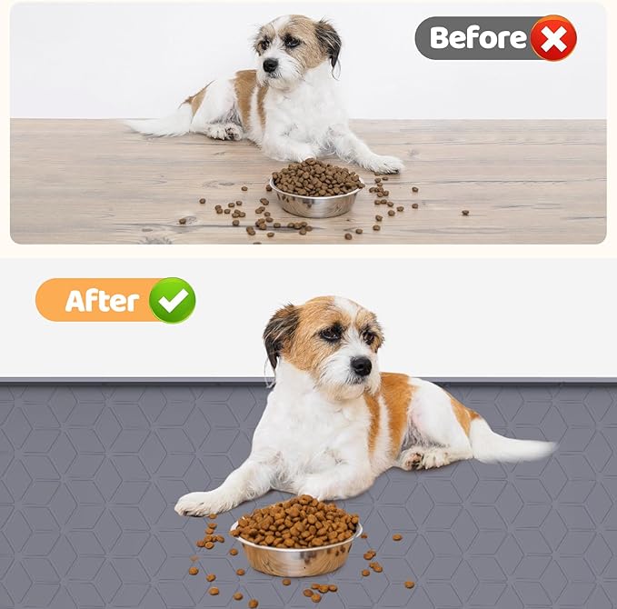 Cat Food Mat, 34" x 22" Large Silicone Pet Feeding Mat with Raised Edge Pet Placemat for Food and Water Bowl Non-Slip, Easy to Clean, Floor Protection (Dark Grey)