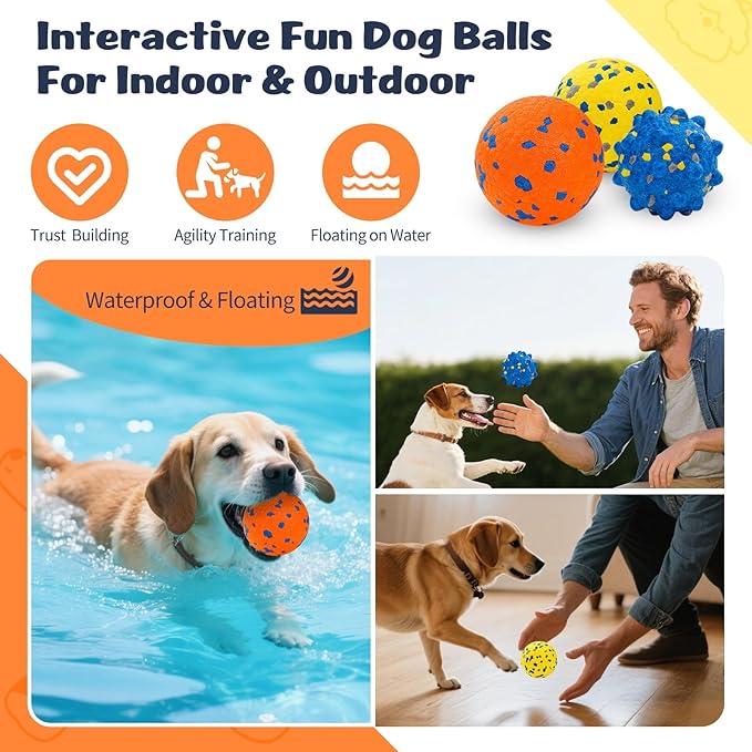 HIPPIH Dog Balls Interactive Tennis Balls for Dogs, Dog Toys for Aggressive Chewers, Tough Puppy Chew Toys for Teething, 3" Fetch Ball Water Toy for Small/Medium Breed, High Bouncy & Floating, 3 Pack