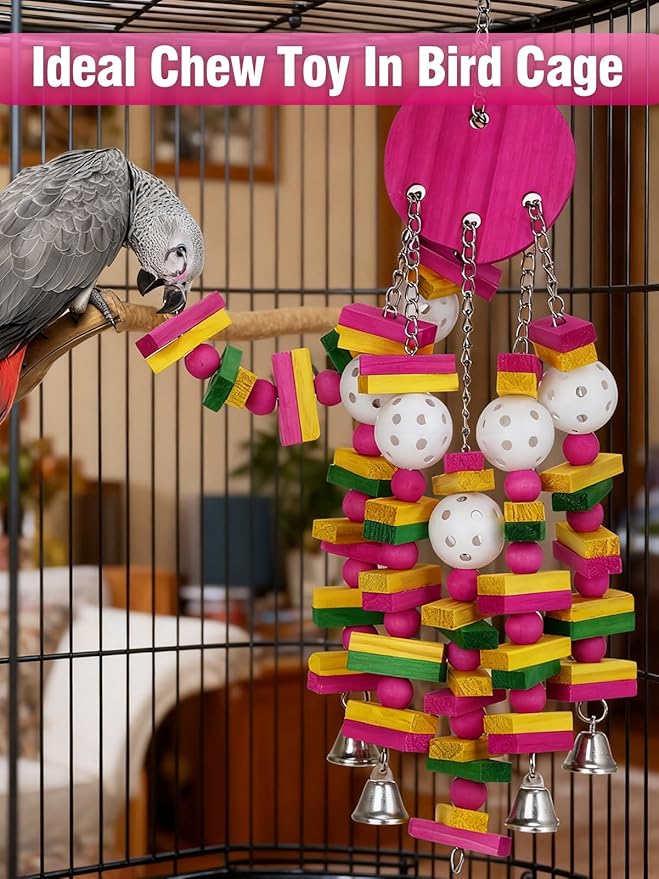 MEWTOGO Bird Toys - Edible Parrots Cage Chew Toy Gift with Bells and Safe Colorful Wood Blocks Beads for Macaws African Grey and Amazon Parrots (Peach Style)