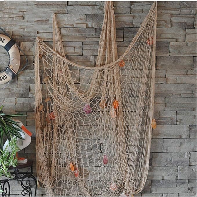 Nature Fish Net Wall Decoration with Shells, Ocean Themed Wall Hangings Fishing Net Party Decor for Pirate Party,Wedding,Photographing Decoration (Fishnet-2pack-Beige)