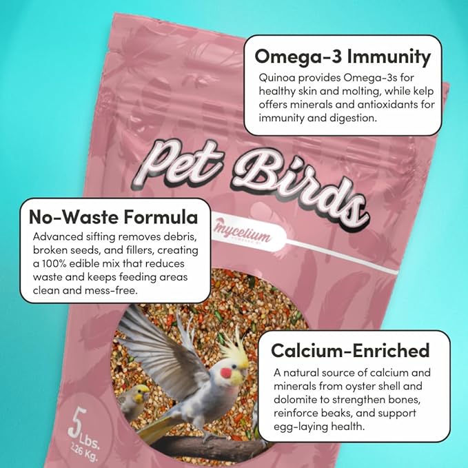 Mycelium Pet Bird Cuisine | Organic Bird Seed for Parakeets, Lovebirds & Small Pet Birds | Vitamin-Enriched Mix with Egg, Millet, Quinoa, Kelp, Oyster Shell | Supports Digestion & Immunity | 5 lb Bag