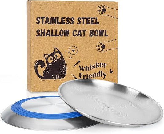 Supet Whisker Frinendly Cat Plates for Wet and Dry Food, Cat Bowls with Non-Slip Bottom, 304 Stainless Steel Flat Wide Shallow Dishes for Indoor Kitten (2Pcs)