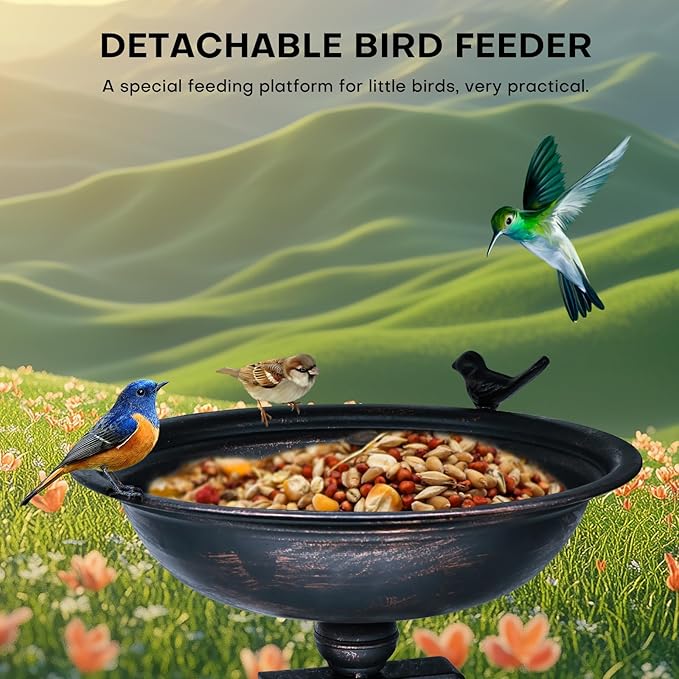 12-Inch Metal Bird Bath and Feeder for Outdoors, Deck Mounted Bird Bath with Detachable Basin, Garden Bird Bath for Balcony, Porch, and Railing, Outdoor Bird Decor, Bronze Color, Easy to Clean