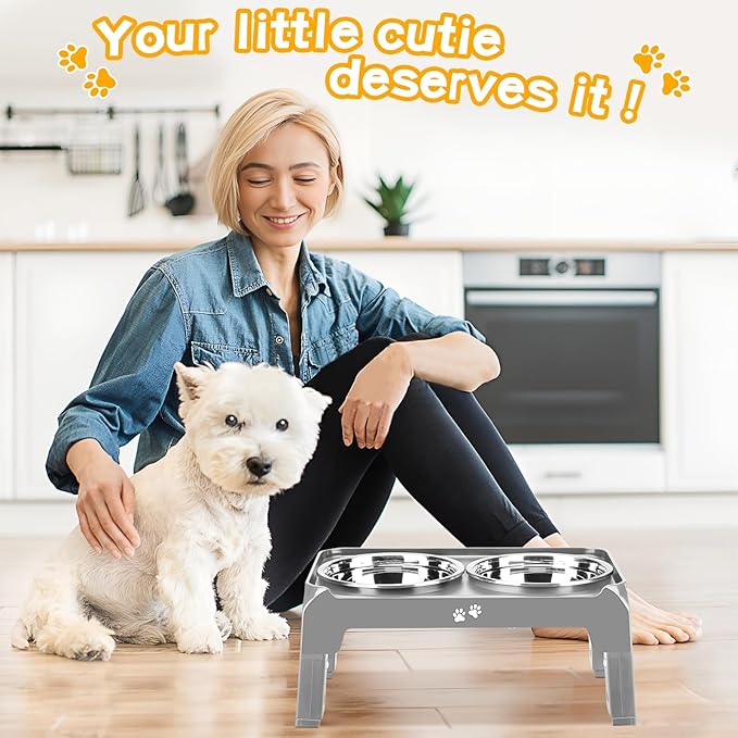 COMESOON Elevated Dog Bowls for Small Medium Dogs, 3 Height Adjustable Raised Stand with 2 Thick 6" Stainless Steel Food Bowls, Non-Slip Feeder Adjusts to 2.75", 6", 7.5", Grey