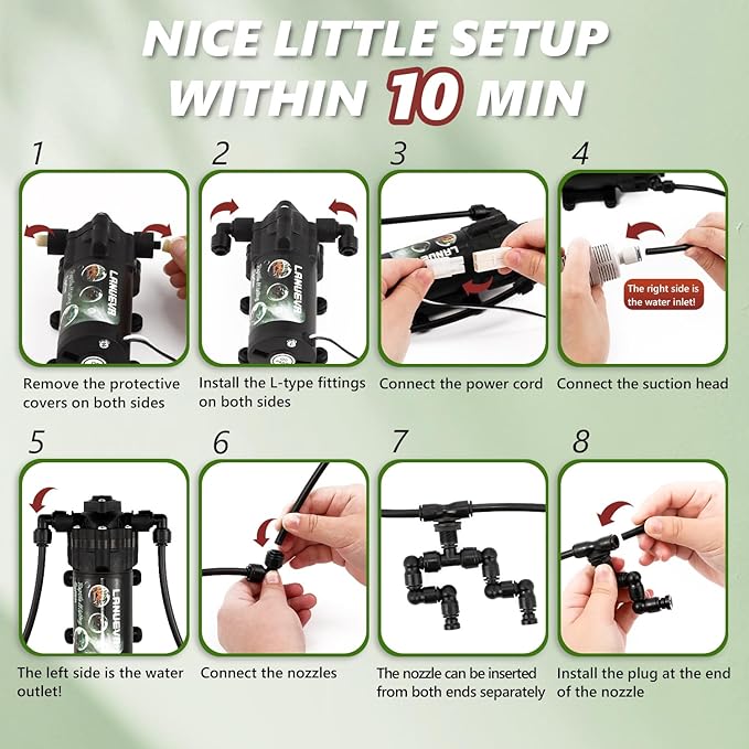 LANUEVA Reptile Humidifier, Quieter Mister Fogger for Terrarium with 4 Single Misting Nozzle + 2 Double Misting Nozzle, Automatic Spray System for Chameleon, Lizard, Snake, Frog (with Outlet Timer)