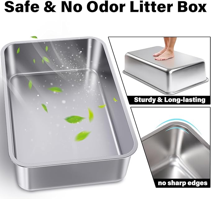 Stainless Steel Cat Litter Box 2 Pack-XXL Metal Litter Box for Adult Big Cats,Stainless Steel LitterBox Multiple Cats, Cat LitterBox -Pet Toilet Easy to Clean,Non Stick, No Smell