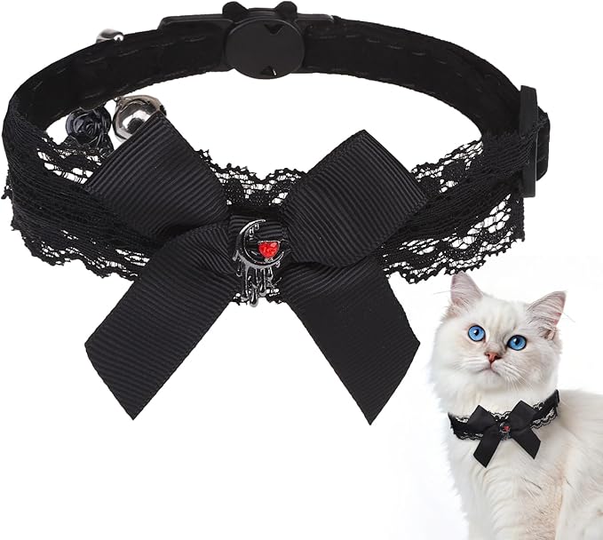 EXPAWLORER Halloween Cat Collar,Adjustable Soft Velvet Cat Collar Breakaway with Flower Accessory and Bell,Safety Quick Release Gothic Style Pet Collar for Cat,Kitten,Small Dog