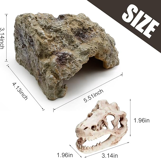 Anxingo Reptile Rock Reptile Cave Hideout for Snakes/Geckos/Lizards/Turtles and Other Amphibians, with Dinosaur Skull (Small)