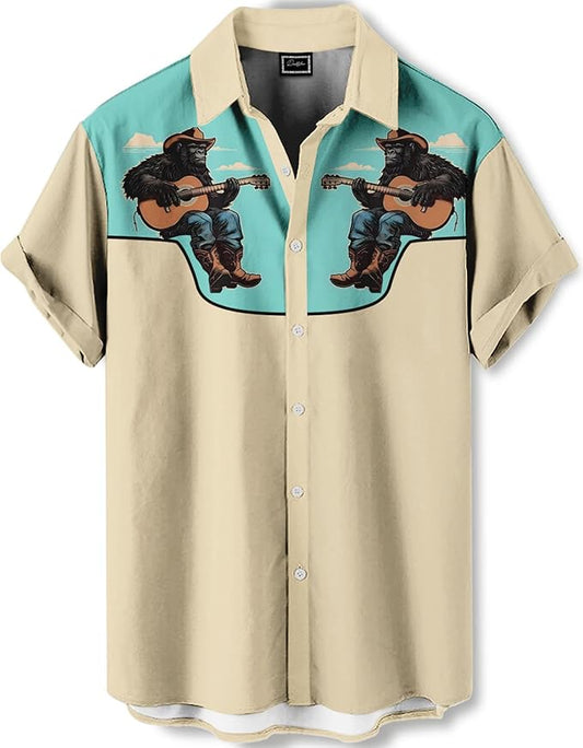 Men’s Hawaiian Shirt Western Cowboy Symmetrical Print Short Sleeve Button Down Casual Beach Holiday Summer Shirt