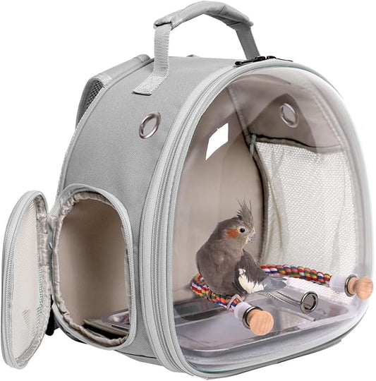 Small Bird Travel Backpack Carrier Cage, Backpack to Transport Backpack Carrier with Metal Tray Stand Perch for Parakeet Cockatiel Budgies Vet Carry Book Bag Grey