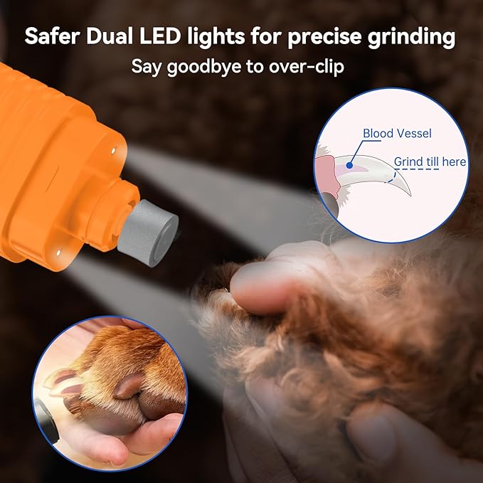 PAPIFEED Dog Nail Grinder Professional Pets, 3-Speed Electric Quiet Dog Nail Grinder, Rechargeable Dog Nail Trimmers - with 2 LED Lights/2 Grinder Wheels, for Small, Medium, Large Dogs (Orange)