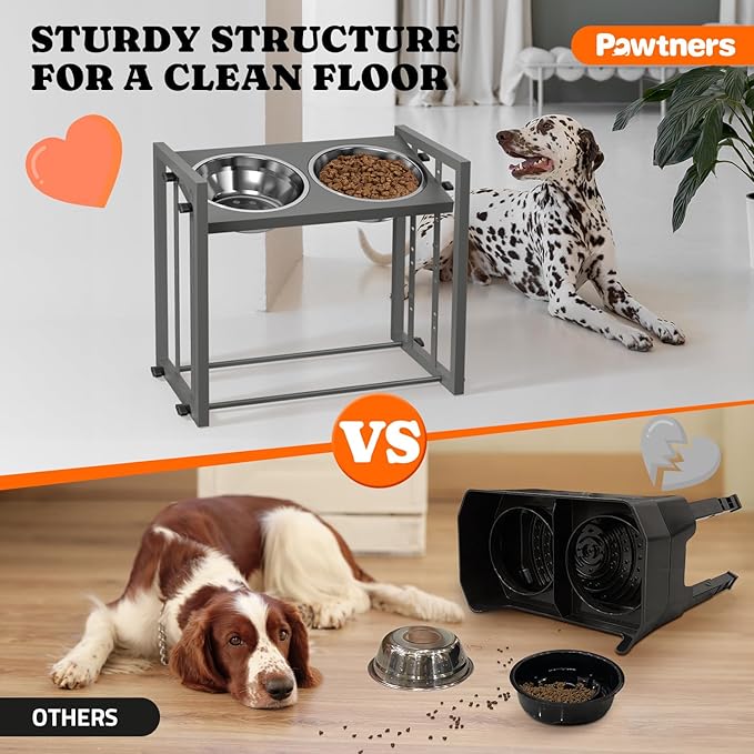 Elevated Dog Bowls for Medium Breed: 4 Height Adjustable Raised Dog Bowl Feeder Station with 2 Stainless Steel Bowls, Grey