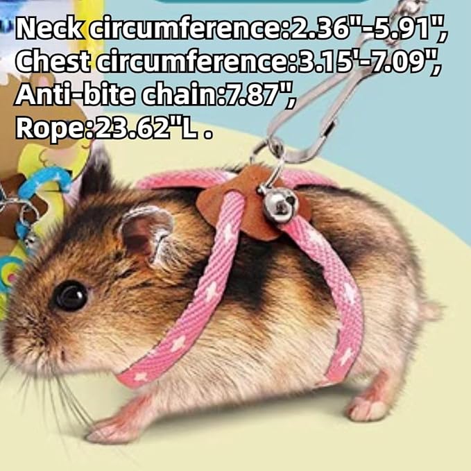 Hamster Harness,Adjustable Harness Vest Leash Hamster Chest Straps with a Small Bell Rat Mouse Squirrel Sugar Glider Small Animal (Pink)