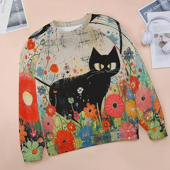 Long Sleeve Shirts for Women Cat Oil Painting Shirt 3D Graphic Sweatshirts Fall Pullover Crewneck Vintage Boho Tops