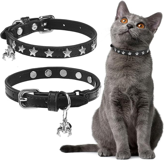 EXPAWLORER Halloween Leather Cat Collar - Adjustable Pet Collar with Rivet Spike for Girl Boy Cats, Punk Accessories with Bell & Durable D-Ring,Silver Pentagram