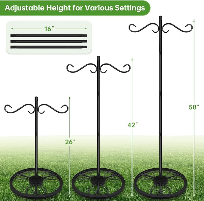 58'' Double Shepherds Hooks for Outdoor, Adjustable Freestanding Shepherds Hook with Base for Wind Chime, Bird Feeder, Lantern for Indoor & Outdoor Garden Patio Home Decor