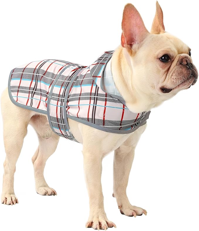 Dog Raincoat for Medium Dogs Waterproof Hooded Rain Jacket with Reflective Strips Leash Hole & Poncho Adjustable Fit (Plaid,M)