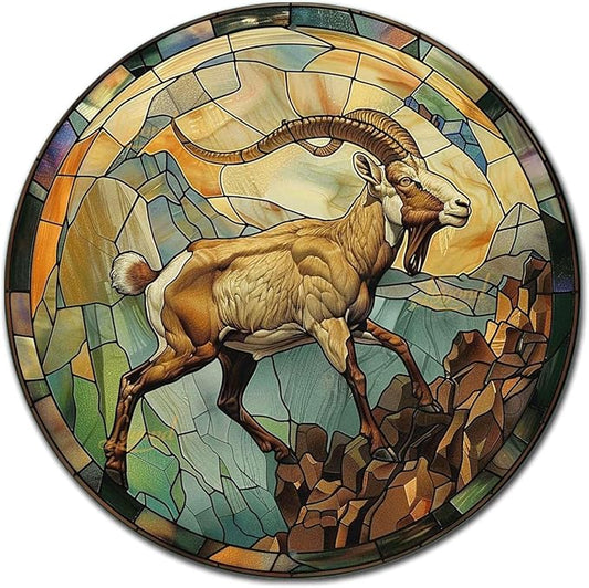 Lygond Metal Sign Tin Sign Circular Stained Glass Mountain Goat Garden Metal Sign For Bar 8×8 Inches