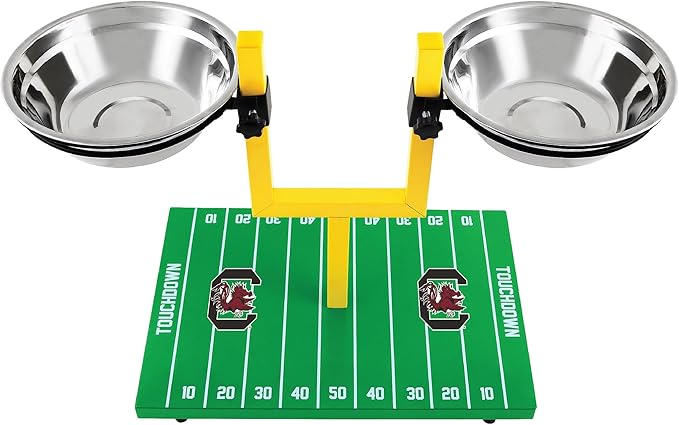 NCAA South Carolina Gamecocks Goalpost Football Field Dog Feeder – Adjustable Elevated Dog Bowls with Stand, 2 Stainless Steel Bowls, Non-Slip Rubber Feet, Raised Pet Feeder for Large & Small Dogs