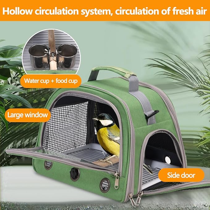 Bird Backpack,with Feeder Cups Tray Perch Portable Breathable Bird Carrier,for Small Birds Parrots Cockatiels (Black)