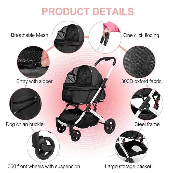 Pet Stroller for Medium Small Dog & Cat, Foldable Lightweight Dog Stroller with Storage Basket Pet Travel Carriage with Safety Leashes, 4 Wheel, Black