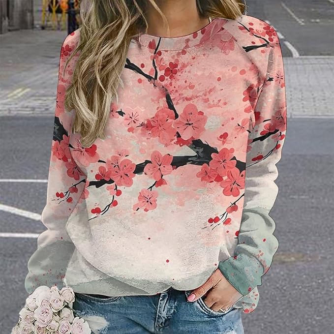 Womens Long Sleeve Tops Y2k Japanese Art Print Sweatshirts Fall Pullover for Women Crewneck Vintage Shirts Boho Tops