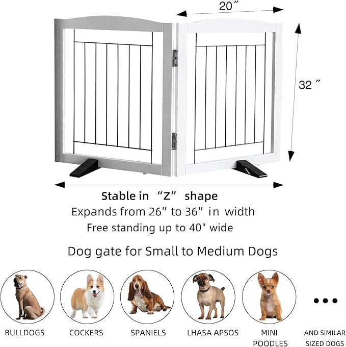 ZJSF Freestanding Dog Fence Indoor, Foldable Dog Gate for Doorways, Stairs or Hallways, Sturdy Wood Extra Wide Pet Gate with Support Feet for The House, White, 32 "Height-2 Panels