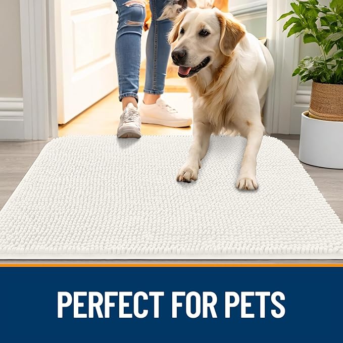 OLANLY Dog Door Mat for Muddy Paws 47x20, Absorbs Moisture and Dirt, Absorbent Non-Slip Washable Doormat, Quick Dry Chenille Mud Mat for Dogs, Entry Indoor Entryway Carpet for Inside Floor, Ivory
