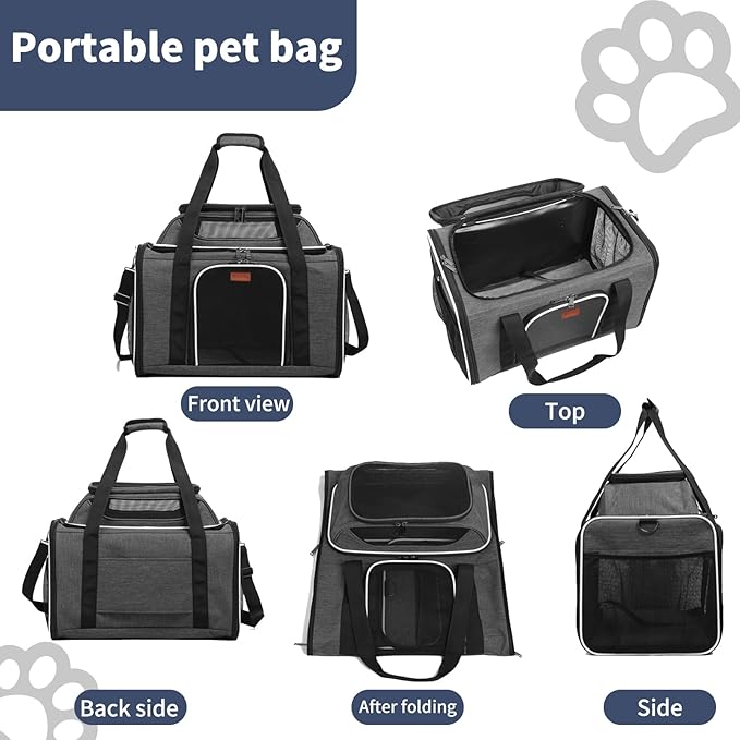 19" L x 12" W x 17" H Inches Cat, Dog Carrier for Pets Up to 25 Ibs, Washable，Soft Sided，Collapsible Travel Puppy Carrier. (Grey)