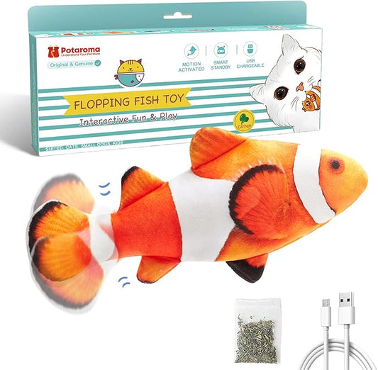 Potaroma Cat Toys Flopping Fish with SilverVine and Catnip, Moving Kitten Kicker, Floppy Wiggle Clownfish for Small Dogs, Motion Kitty Interactive Exercise, 10.5 Inches