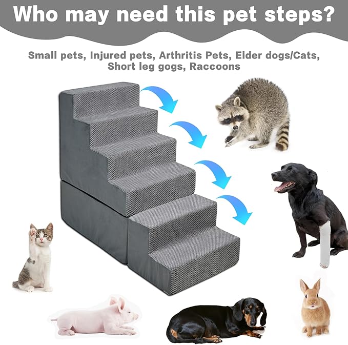 Dog Steps for High Beds 30-32" H - 6-Step Dog Stairs for Small Dogs, 33D Foam Pet Steps for High Bed with Non-Slip Bottom and Washable Cover, Dogs Ramp for Bed Indoor, Grey