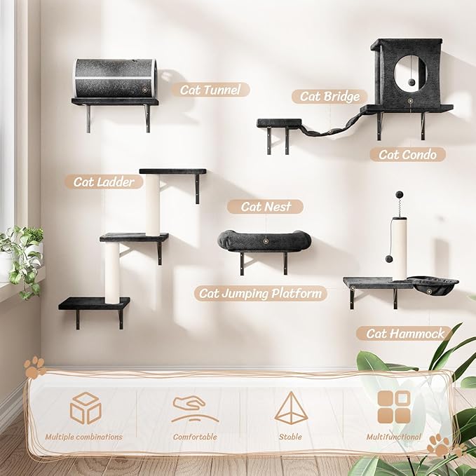 NUNU LAB 7-in-1 Wall Mounted Cat Climber Set, Cat Wall Furniture Set with House, Bridge, Steps, Scratcher Post, DIY Playground, Cat Wall Shelves - Dark Gray