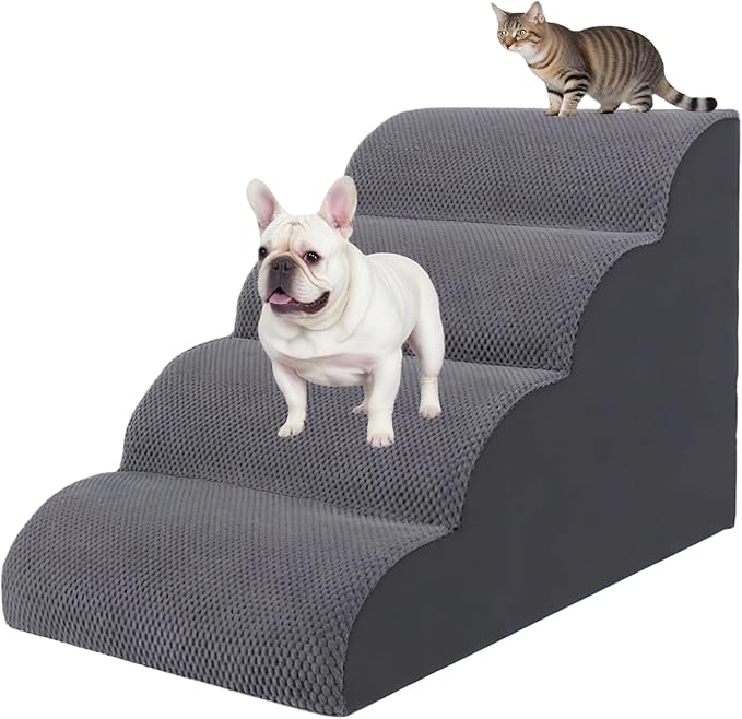 4 Step Pet Stairs Ramp for High Beds Sofas 18-24 Inch with Sturdy Non Slip Waterproof Pads, Machine Washable Cover Indoor Balanced Design for Cats Dogs Small Medium Large XL Pets Grey