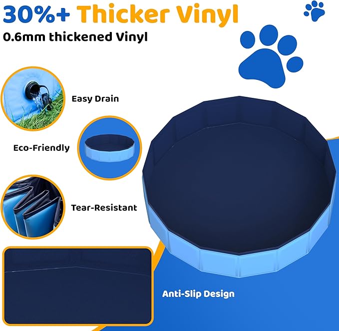 55.1" x 12" Foldable Dog Pool - Collapsible Hard Plastic Kiddie Pool for Dogs & Kids, Non-Slip Pet Bath Tub for Outdoor Backyard Use, Lightweight & Portable (Blue)