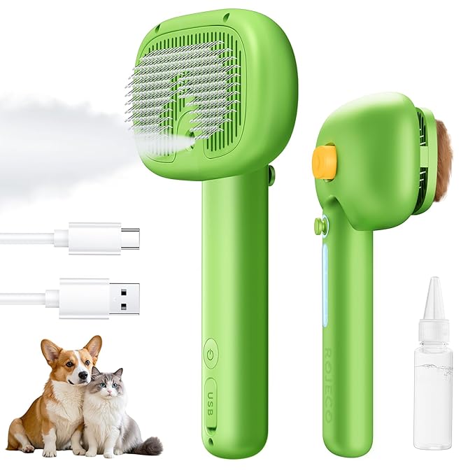 ROJECO 3-in-1 Pet Steam Brush for Cats&Dogs - Detangling Comb with Adjustable Mist, Handheld Deshedding Grooming Tool for Long/Short Hair, Massage Brush & Shedding Control Gift,Cordless (Green)