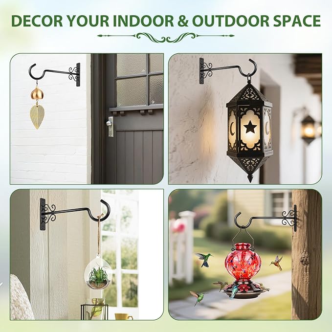 BOLITE Plant Hangers, 10 Inch Hanging Plant Brackets Outdoors or Indoors, Wall Hooks for Hanging Hummingbird Feeders, Bird Feeders, Planters, Lanterns, Wind Chimes, String Lights, 2 Pack, Black