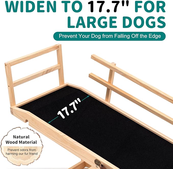 Dog Ramp for Bed, Adjustable Pet Ramps for Dog to Get on Bed, Non-Slip Rubber Surface - Folding Wooden Dog Ramp for Small/Large/Old Dogs, Adjustable up to 23.5 inch High Beds, Safety Railings