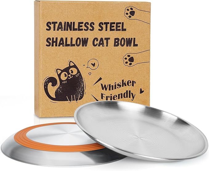 Supet Whisker Frinendly Cat Plates for Wet and Dry Food, Cat Bowls with Non-Slip Bottom, 304 Stainless Steel Flat Wide Shallow Dishes for Indoor Kitten (2Pcs)