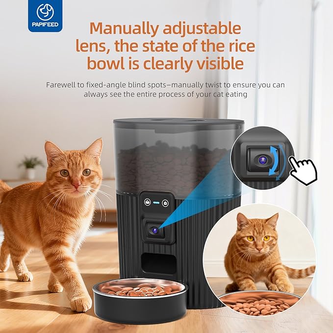 PAPIFEED Automatic Cat Feeder with Camera with 84 oz/2.5L Automatic Pet Drinking Fountain，‌Adjustable Angle 2.4G WiFi/App Pet Food Dispenser，3.5L/15 Cup Timed Dispenser with Two-Way Audio