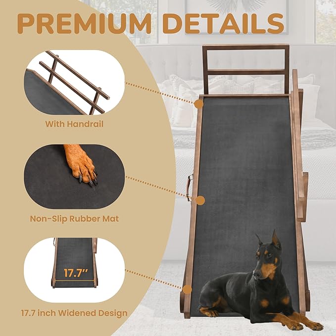 Dog Ramp for Bed, Adjustable Pet Ramps for Dog to Get on Bed, Non-Slip Rubber Surface - Folding Wooden Dog Ramp for Small/Large/Old Dogs, Adjustable up to 23.5 inch High Beds, Safety Railings