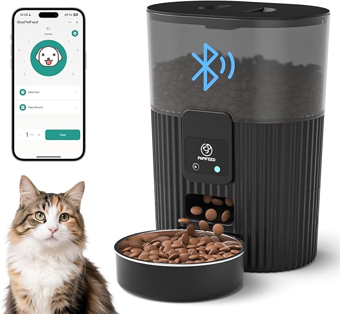 PAPIFEED Automatic Cat Feeder 3.5L/15 Cup 2.4G Bluetooth Pet Feeder for Dog Work with Alexa & Echo Timed Cat Food Dispenser for Remote Feeding with Stainless Steel Bowl up to 10 Meals Per Day with APP