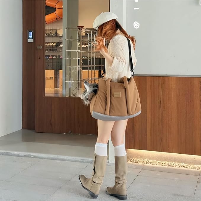 Dog Walking Bag Sling, Dog Carrier Purse with Safety Leash Clip,Warm Soft Sided Pet Carrier Purse for Small Medium Dogs Cats Portable Hands-Free Shoulder Tote for Outdoor Travel (Light Khaki)